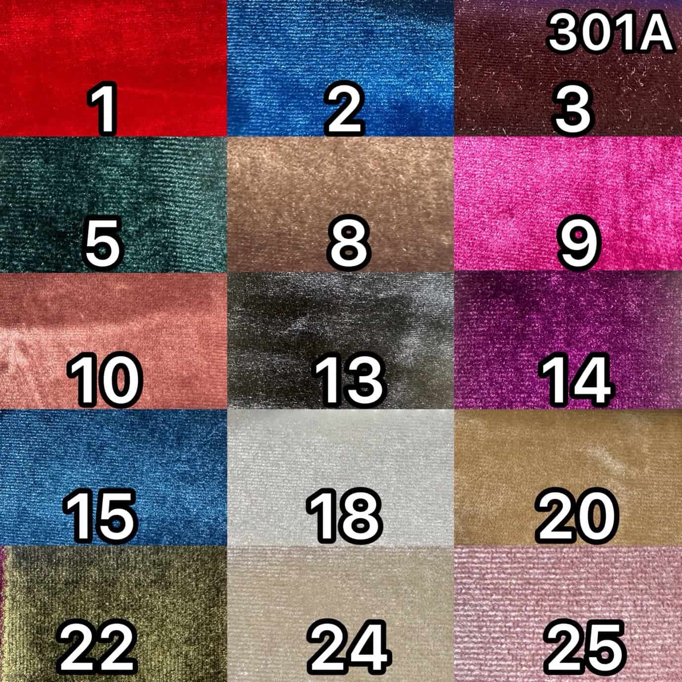 Color swatches of velvet spandex fabrics in various shades.