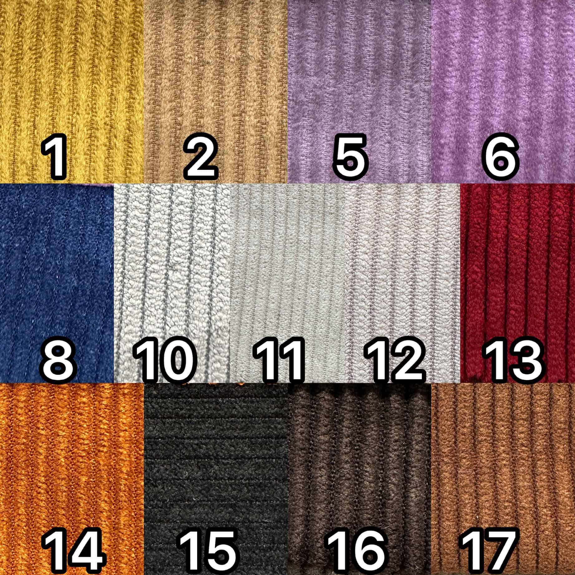Assorted corduroy fabric swatches in various colors and textures.