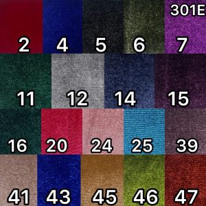 Color palette of velvet spandex dense fabrics in various shades.