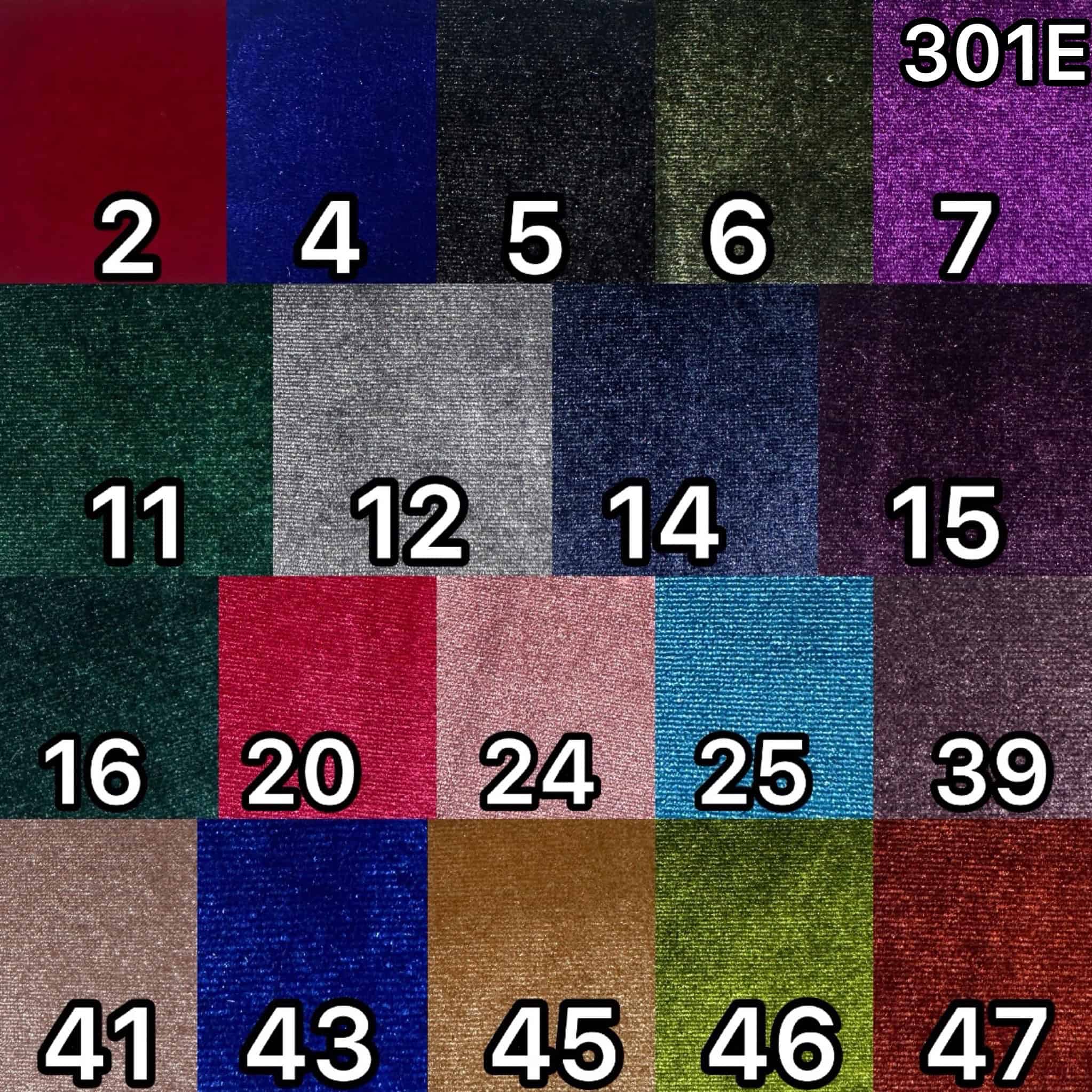 Color palette of velvet spandex dense fabrics in various shades.