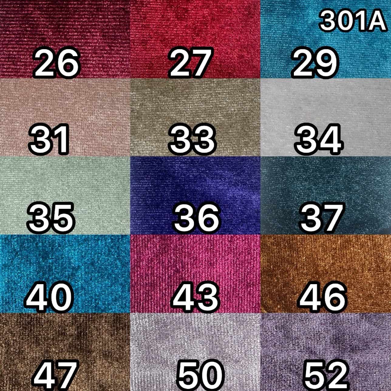 Assorted velvet fabric swatches with color codes for ZIAD Fabrics & Textiles.